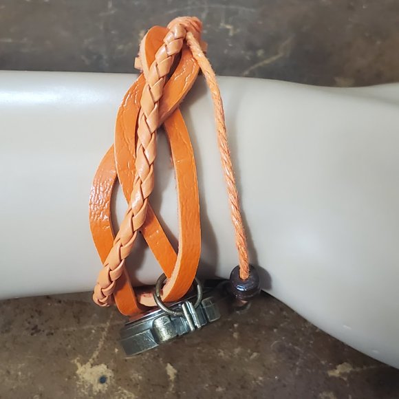 Beaded Bracelet Boho Watch - Leaf Charm - Orange - Picture 2 of 9